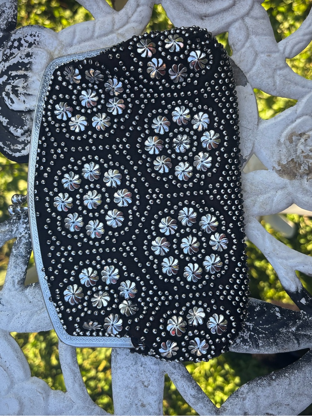 Vintage Black Studded Floral Snap-Top Clutch